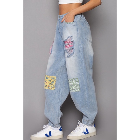 POL Light Wash Patchwork Boyfriend Jogger Jeans Lightweight - Picture 5 of 13